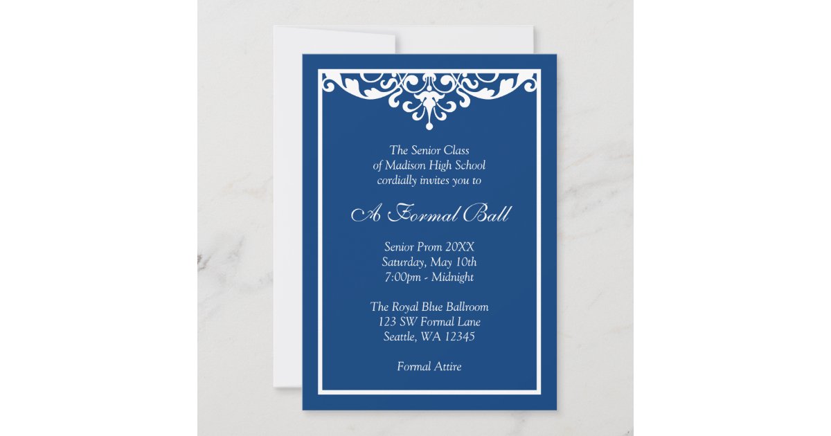 Royal Blue Flourish Formal Prom Dance Ball Invitation | Zazzle