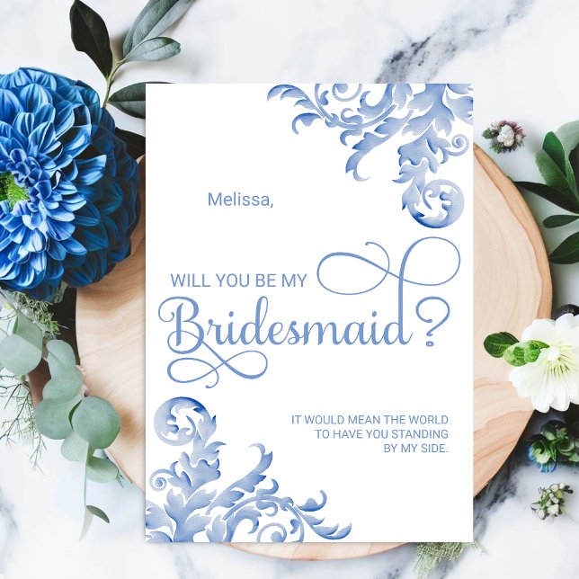 Royal Blue Flourish Will You Be My Bridesmaid Invitation (Elegant watercolor swirls will you be my bridesmaid card.)