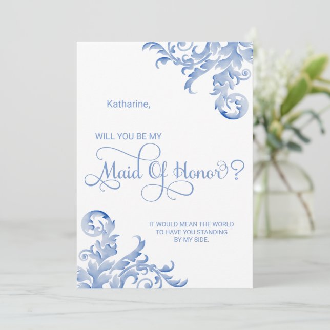 Royal Blue Flourish Will You Be My Maid of Honor Invitation (Standing Front)