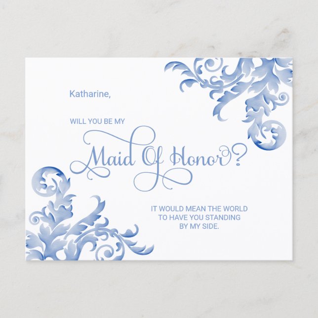 Royal Blue Flourish Will You Be My Maid Of Honor Invitation Postcard (Front)