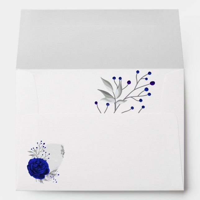 royal blue flower silver leaves white wedding envelope (Back (Bottom))