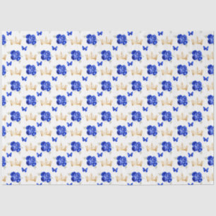 Royal Blue Flowers and Gold Crowns Tissue Paper