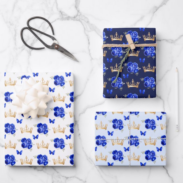 Royal Blue Flowers and Gold Crowns Wrapping Paper Sheets (Front)