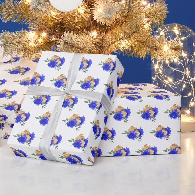 Royal Blue Flowers and Greenery Pattern Wrapping Paper (Holidays)