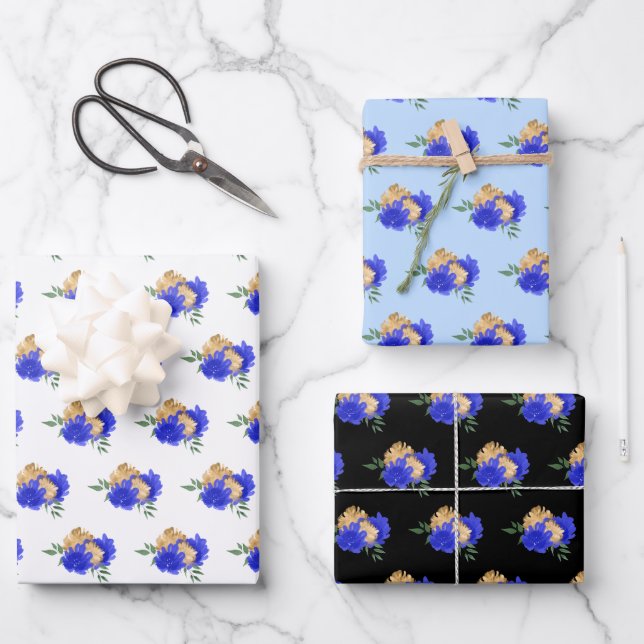Royal Blue Flowers and Greenery Pattern Wrapping Paper Sheets (Front)
