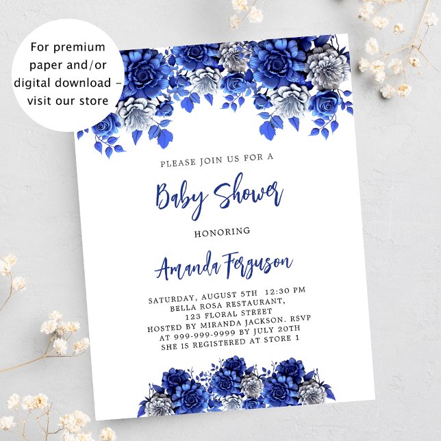 Royal blue flowers budget baby shower invitation flyer (Creator Uploaded)