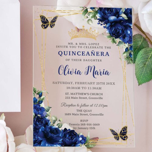 Royal Blue Flowers Floral Quinceañera Butterflies