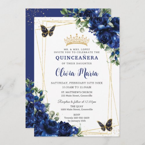 Royal Blue Flowers Floral Quinceaera Butterflies Invitation