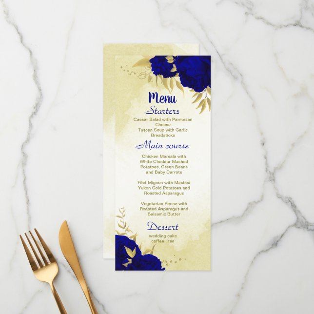 Royal blue flowers gold botanical wedding menu (Front/Back In Situ)