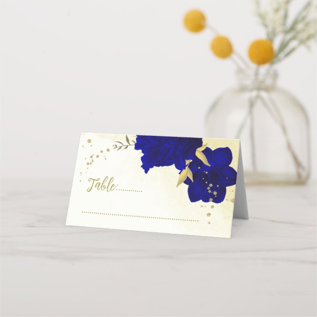 Royal blue flowers gold botanical wedding  place card (Front)