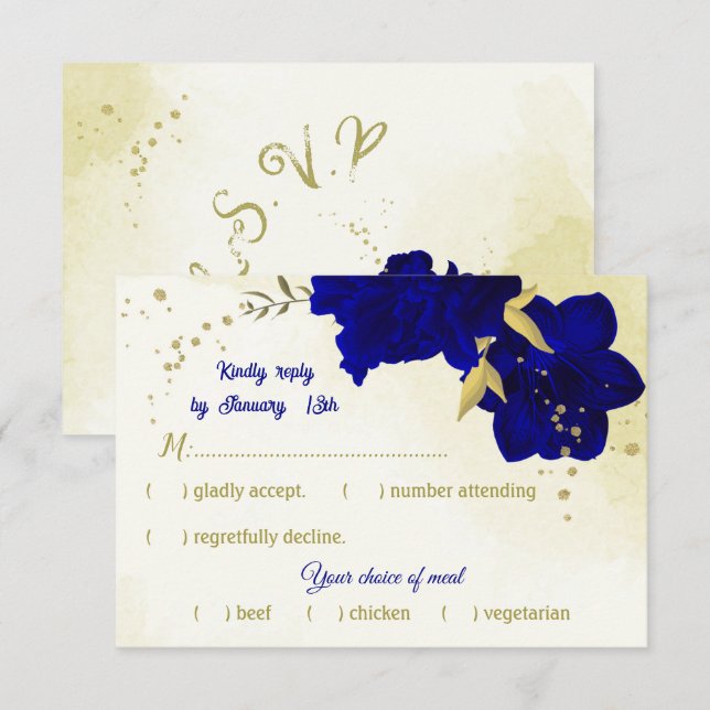 Royal blue flowers gold botanical wedding  RSVP card (Front/Back)
