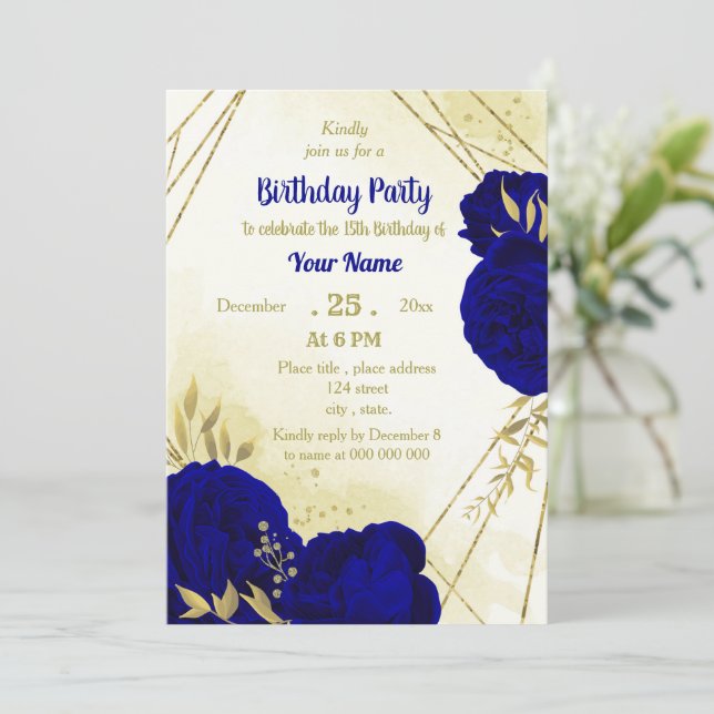 Royal blue flowers gold leaves birthday  invitation (Standing Front)