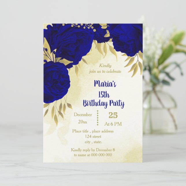 Royal blue flowers gold leaves birthday  invitation (Standing Front)