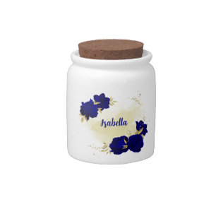 Royal blue flowers gold leaves candy jar