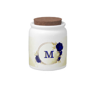 Royal blue flowers gold leaves  candy jar