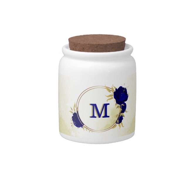 Royal blue flowers gold leaves  candy jar (Front)