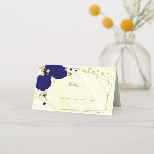 royal blue flowers gold leaves geometric place card (Front)
