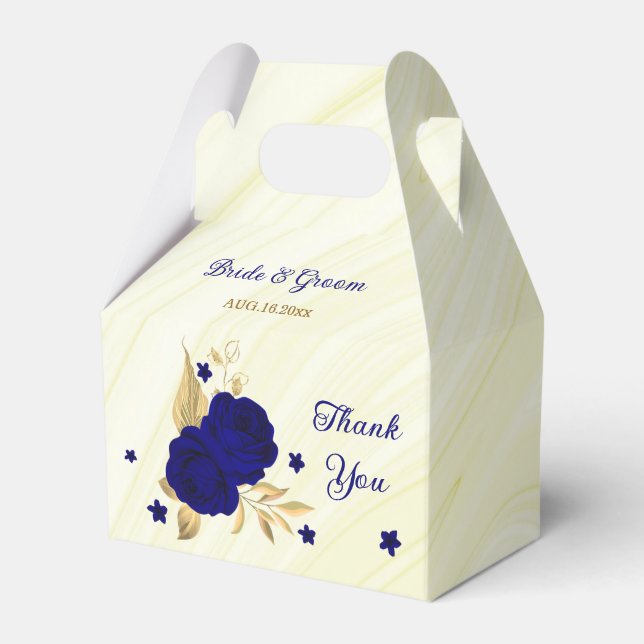 royal blue flowers gold leaves marble favor boxes (Front Side)
