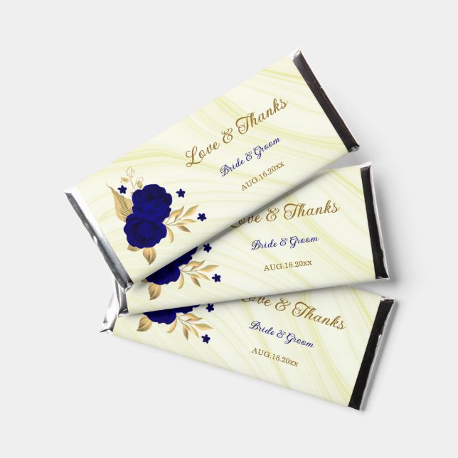 royal blue flowers gold leaves marble hershey bar favors (Front)