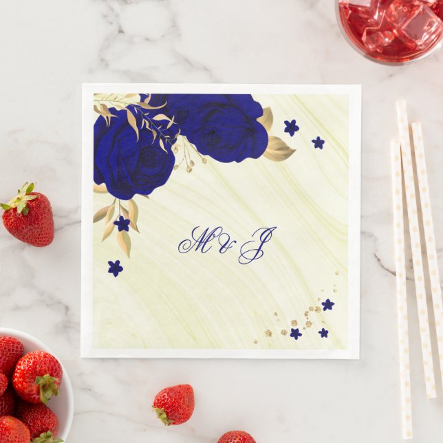 royal blue flowers gold leaves marble  paper dinner napkins (Insitu)