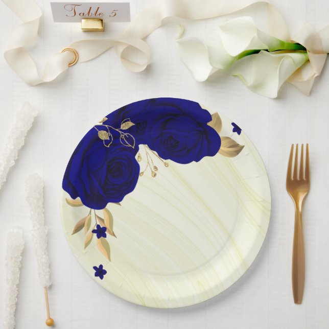 royal blue flowers gold leaves marble paper plates (Wedding)