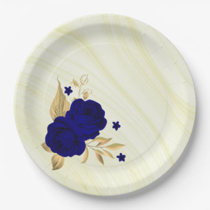 royal blue flowers gold leaves marble paper plates