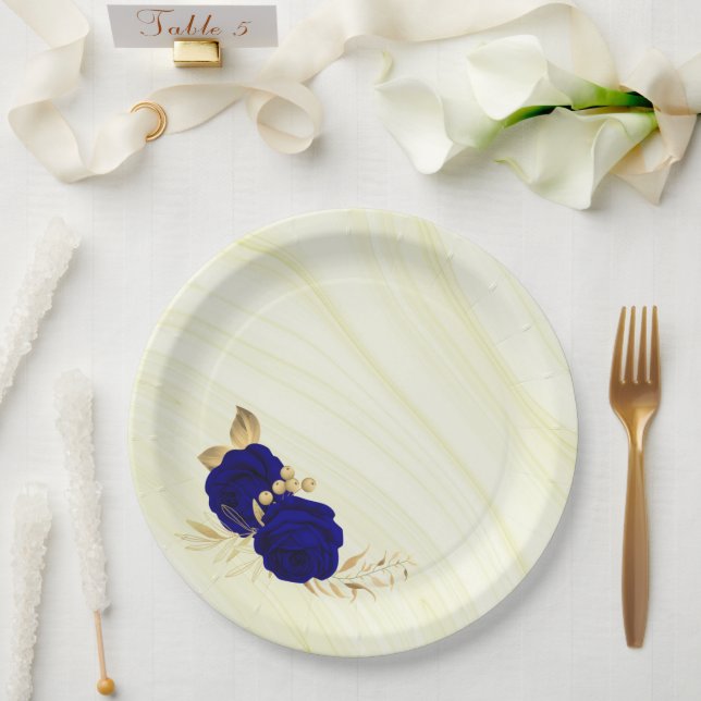 royal blue flowers gold leaves marble paper plates (Wedding)