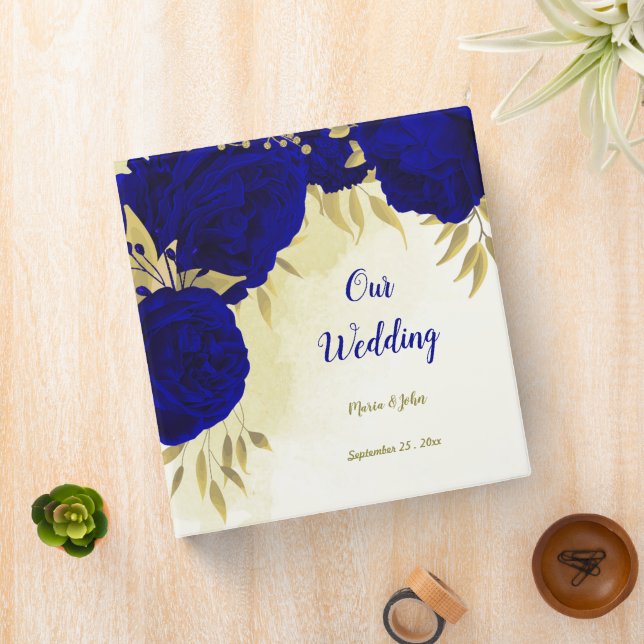 Royal blue flowers gold leaves photo album 3 ring binder (In Situ)