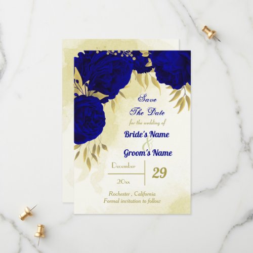 Royal blue flowers gold leaves save the date