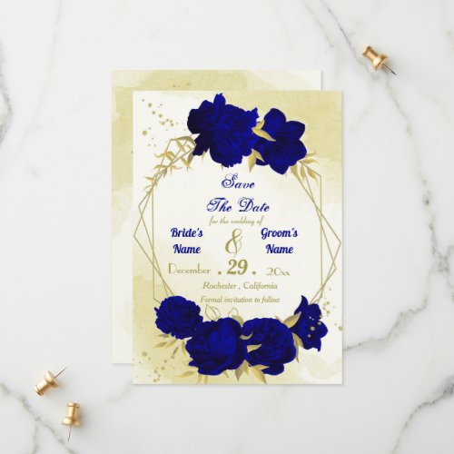 Royal blue flowers gold leaves save the date