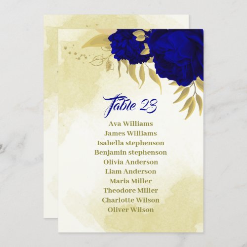 Royal blue flowers gold leaves seating chart card