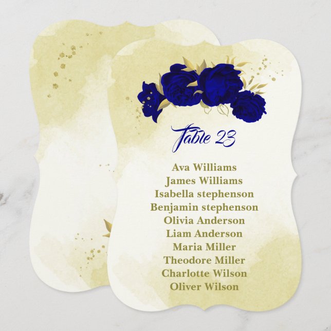 Royal blue flowers gold leaves seating chart card (Front/Back)