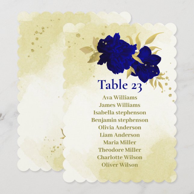 Royal blue flowers gold leaves seating chart card (Front/Back)