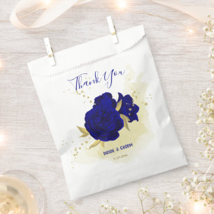Royal blue flowers gold leaves wedding favor bag