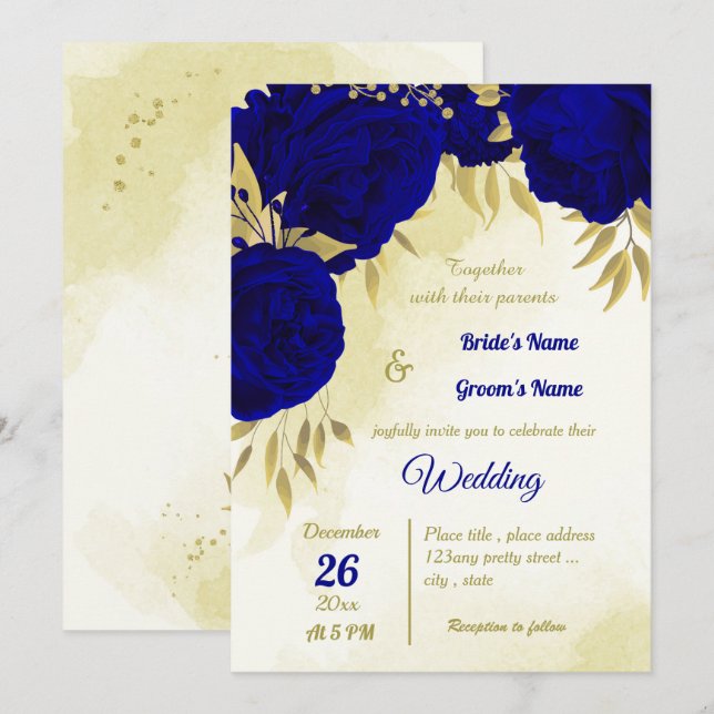 Royal blue flowers gold leaves wedding invitation (Front/Back)