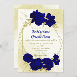 Royal blue flowers gold leaves wedding invitation
