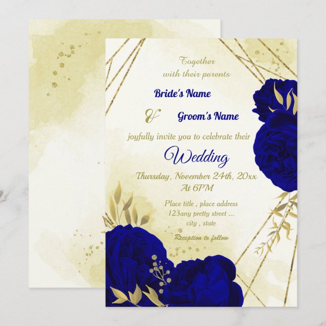 Royal blue flowers gold leaves wedding invitation (Front/Back)
