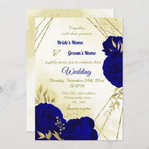 Royal blue flowers gold leaves wedding invitation