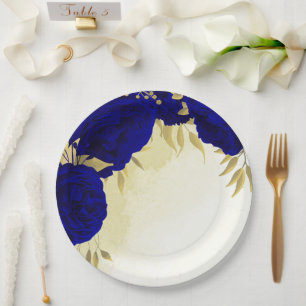 Royal blue flowers gold leaves wedding paper plates