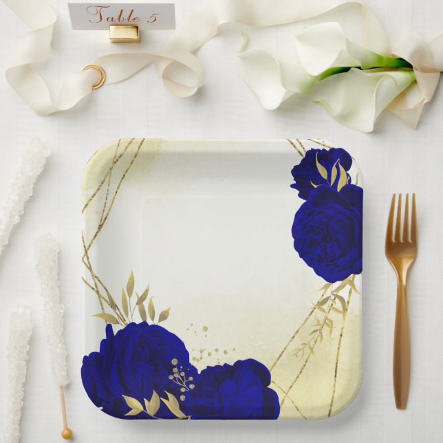 Royal blue flowers gold leaves wedding paper plates (Wedding)