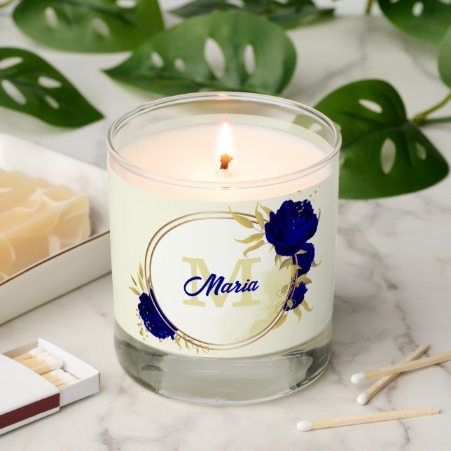 Royal blue flowers gold leaves wedding scented candle (Lit)