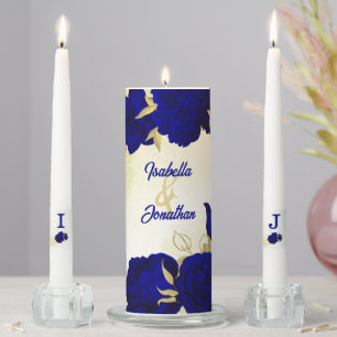 Royal blue flowers gold leaves wedding unity candle set