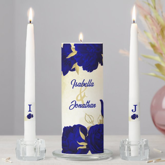Royal blue flowers gold leaves wedding unity candle set (In Situ)