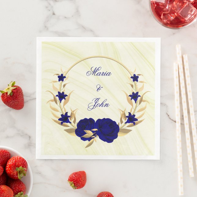 royal blue flowers gold leaves wreath marble paper dinner napkins (Insitu)