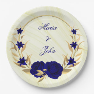 royal blue flowers gold leaves wreath marble paper plates