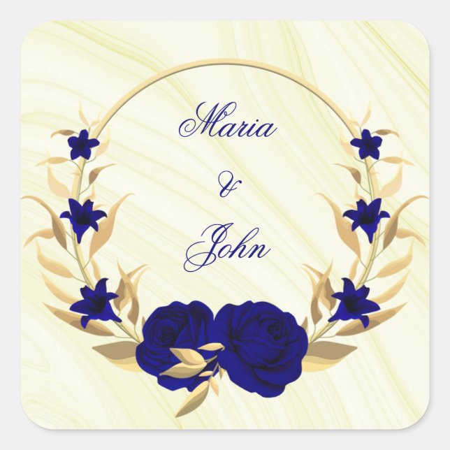 royal blue flowers gold leaves wreath marble square sticker (Front)