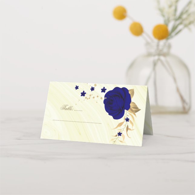 royal blue flowers gold place card (Front)