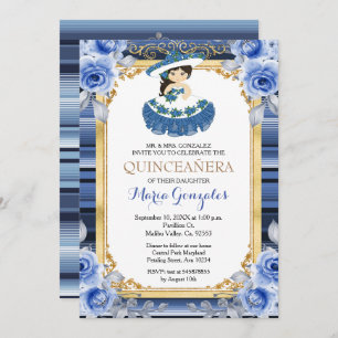 Royal Blue Flowers Gold Quinceanera Invitation
