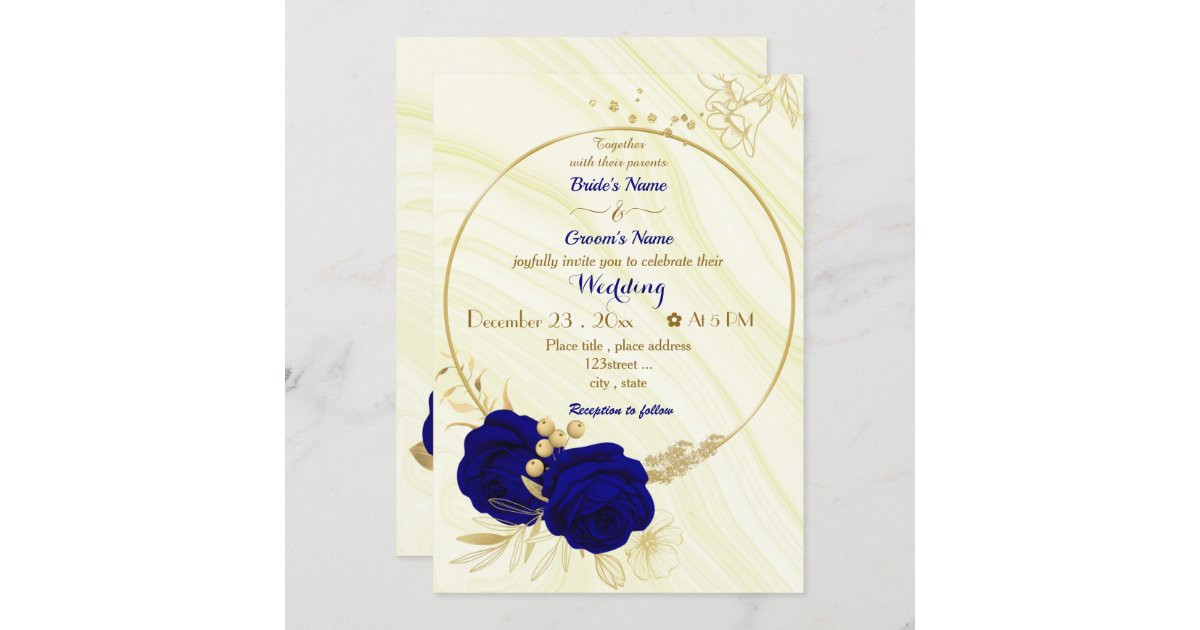 royal blue flowers gold wreath wedding invitation | Zazzle