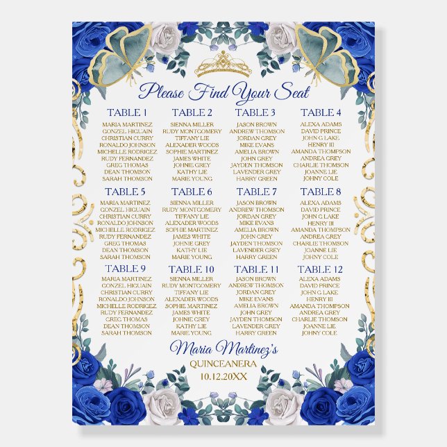 Royal Blue Flowers Quinceañera Seating Chart Foam Board (Front)